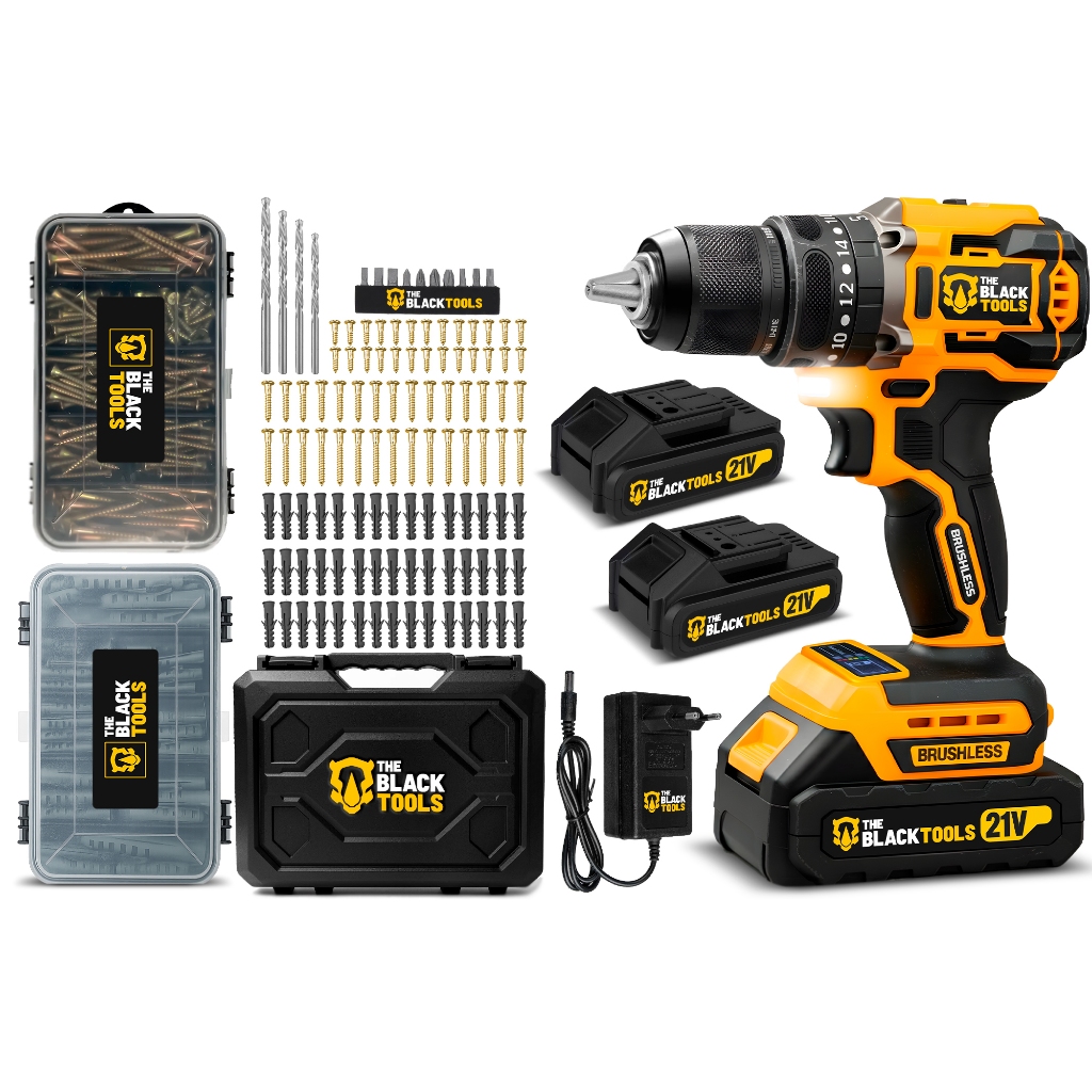 Parafusadeira Furadeira Brushless Impacto Bivolt + 99 Peças The Black Tools em Oferta na Shopee