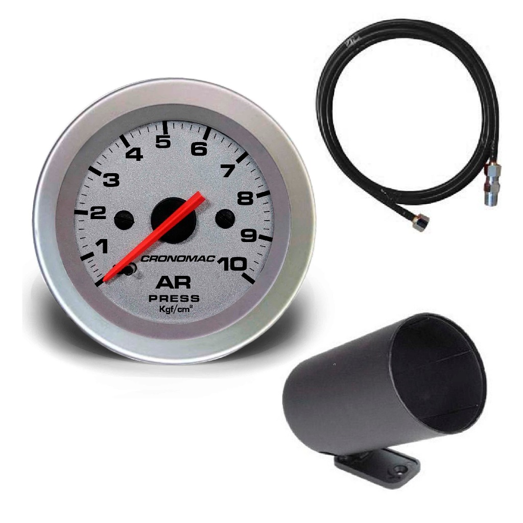 Manômetro Pressão do Ar 10kg Cronomac 52mm Racing Kit Instalação Copo Suporte