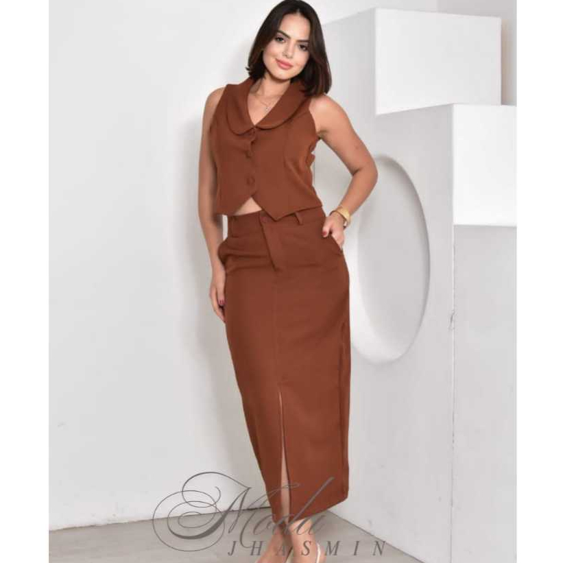 Conjunto Afiataría Feminino Colete e Saia com Fenda Elegante Social -MODA VERAO em Oferta na Shopee