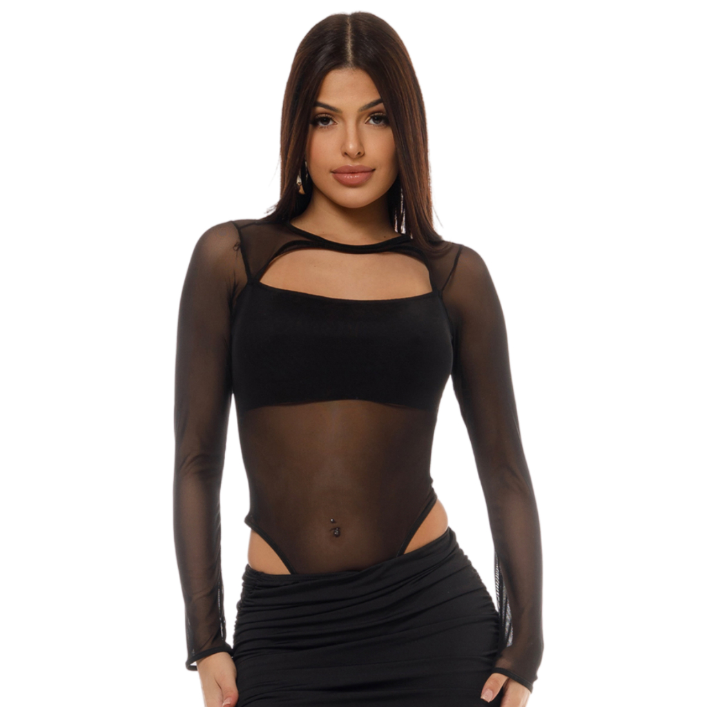 USE MAYA | Body Tule Selena Preto Manga Longa Transparente Abertura Costas Nua Sexy Festa Balada
