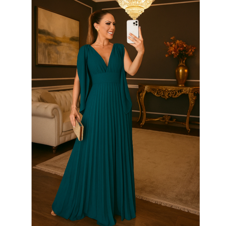 Vestido Longo Plisado Decote V Vestido Pra Madrina de Casamento e Festas Social sem Manga Con Bojo
