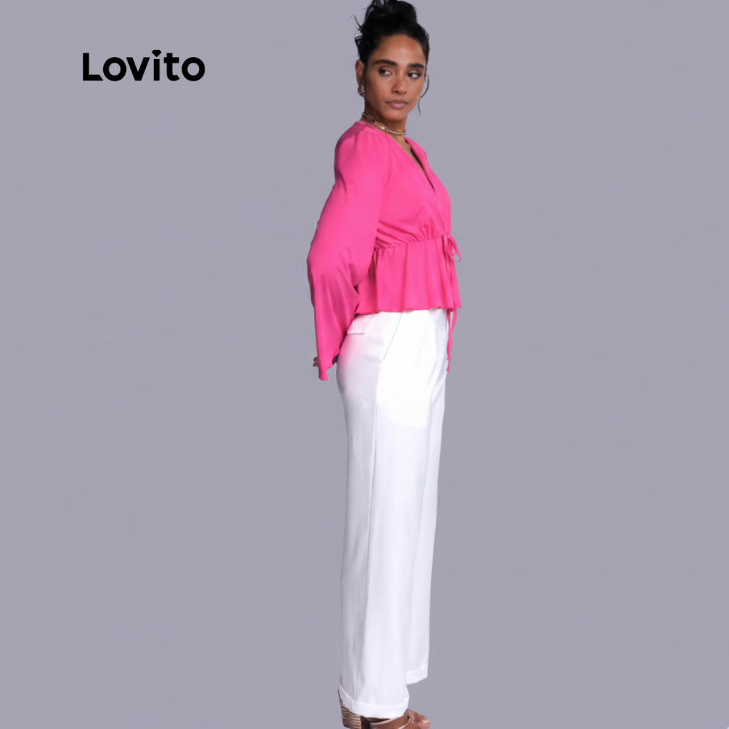 Detalhes do Lovito Blusa Feminina Manga Longa Decote V Amarração na Frente Rosa Chic Estilo Moda Casual LB462BRL491