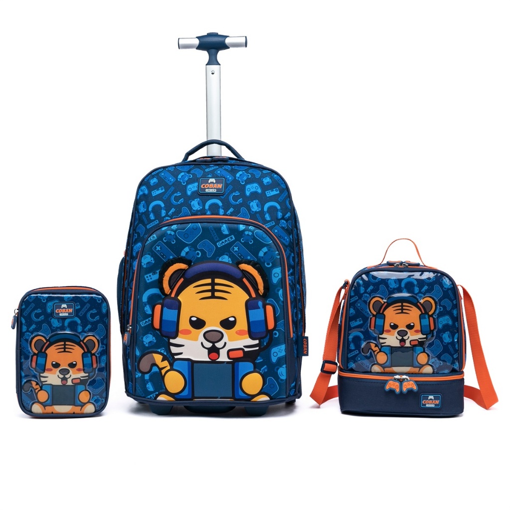 Kit Mochila Carrinho Menino Estojo Lancheira Escolar Tigre Azul Coban