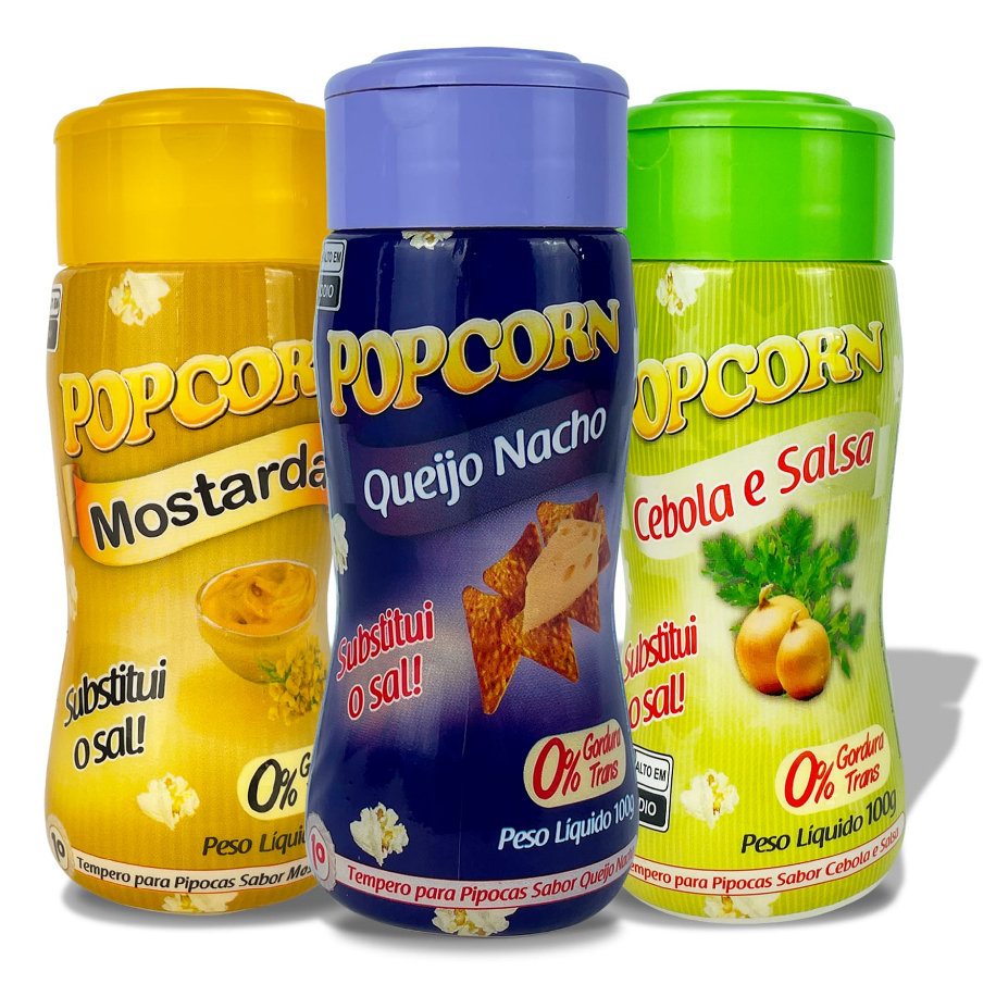 Combo Popcorn - 03 Sabores - Queijo Nacho, Cebola & Salsa e Mostarda