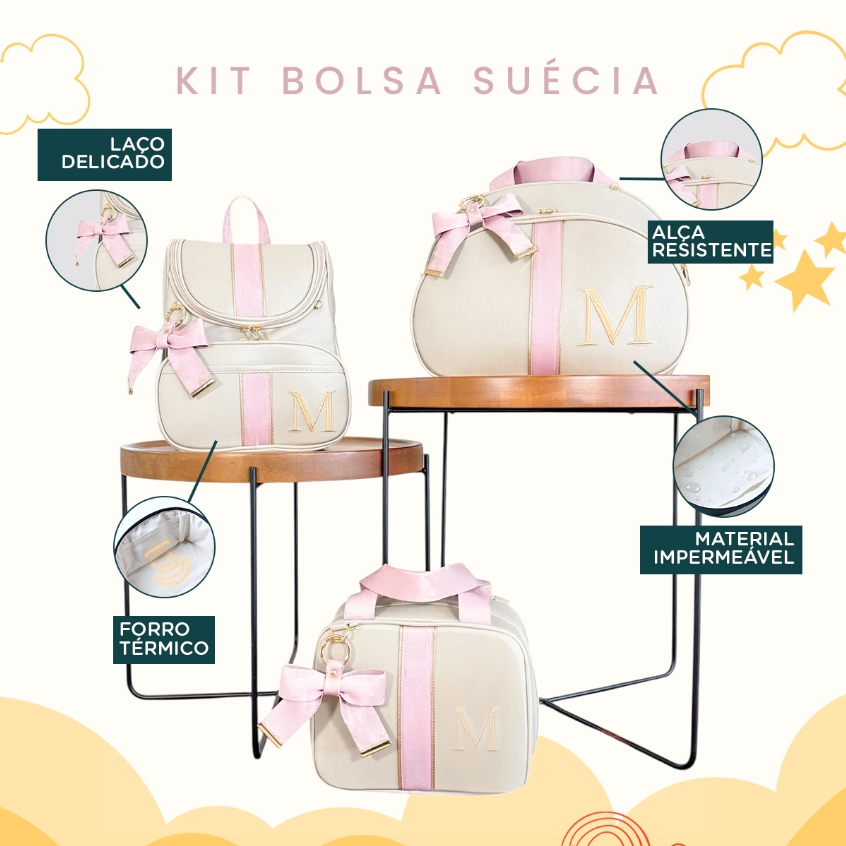 Kit Maternidade 3 Peças Bolsa, Mochila e Frasqueira Personalizado Térmica Impermeável,Coleção Suécia