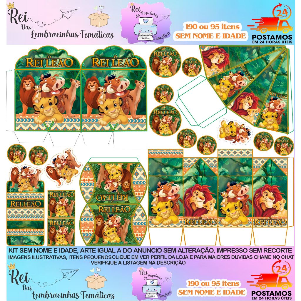 KIT REI LEAO 190 OU 95 ITENS LEMBRANCINHAS SEM NOME E IDADE!! ENVIO 24HORAS UTEIS!! em Oferta na Shopee