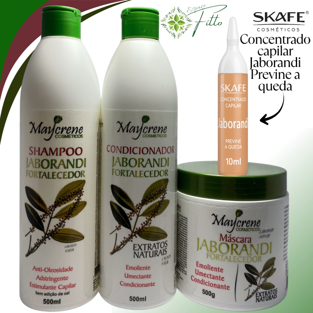 kit jaborandi anti queda shampoo condiconador e mascara + ampola de jaborandi skafe 10ml