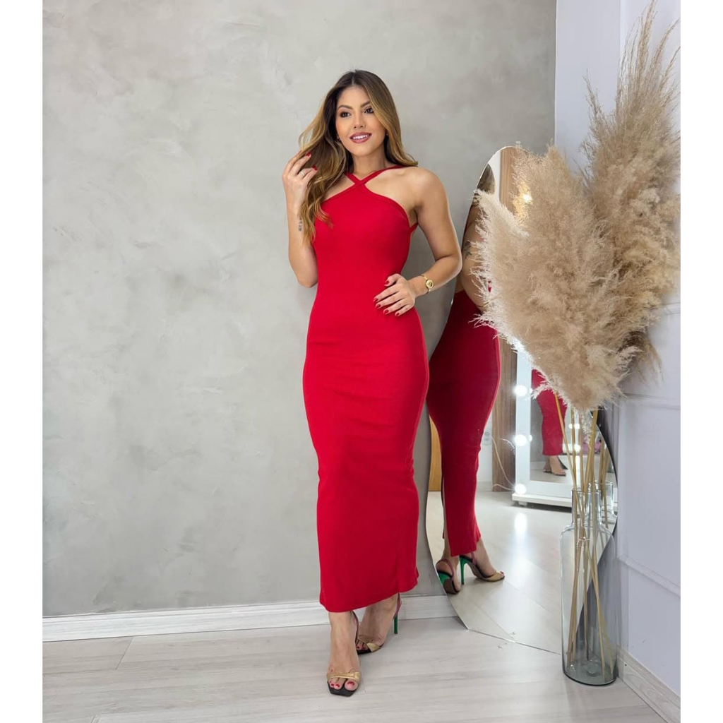 Vestido  midi Giorgina canelado ribana de alça cruzada com fenda costa nua em Oferta na Shopee