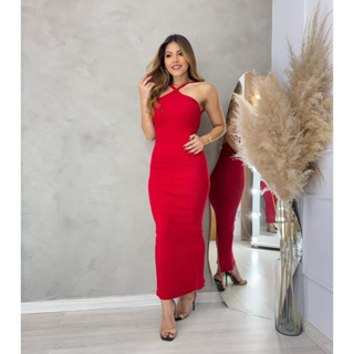 Vestido  midi Giorgina canelado ribana de alça cruzada com fenda costa nua em Oferta na Shopee