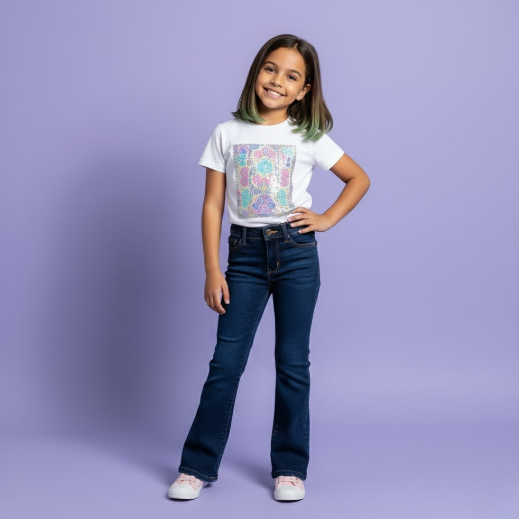 Calça Flare jeans infantil Menina Moda Chique Moderna Perna Longa e Elastano Confortável  Blogueira