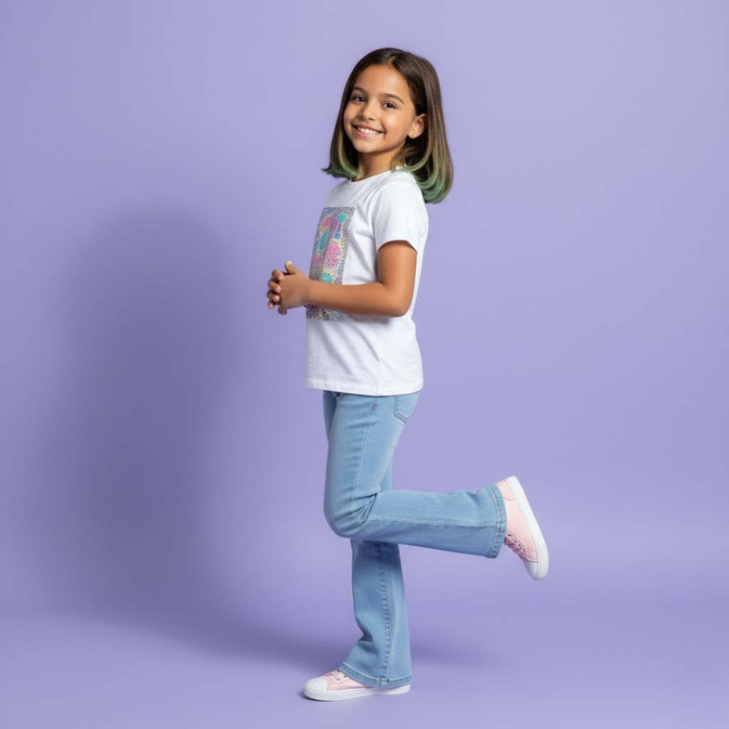 Calça Flare Jeans Infantil Juvenil Feminina Perna Larga e Elastano Moda Blogueirinha Infantil Moderna tendencia 2025