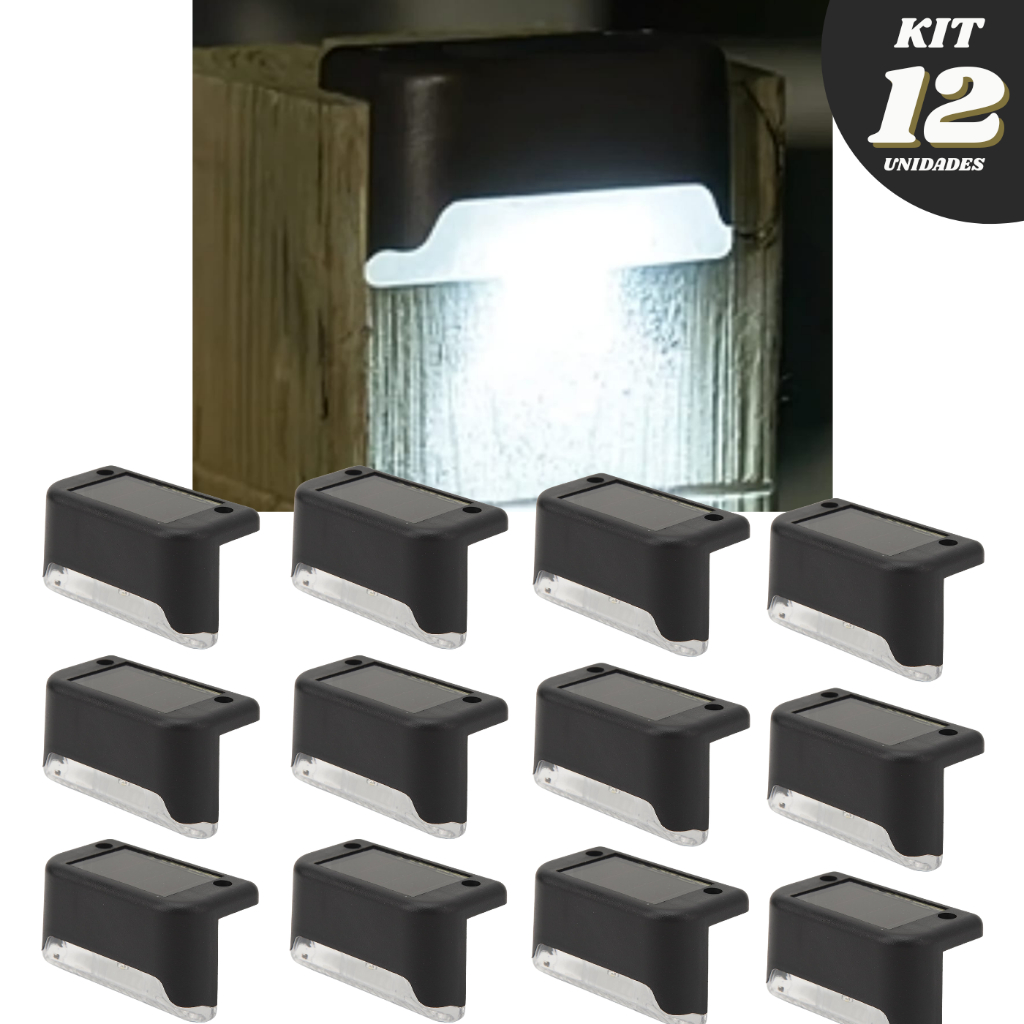 Kit 12 Lâmpada Luminária Led Sensor Solar Preta Parafuso Luz Escada Jardim Parede Calçada Muro Externa Balizador