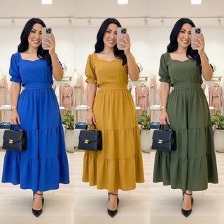 Vestido Feminino Camponesa  Midi Manga Princesa Três Marias Moda Evangélica Com Faixa Cinto Rute