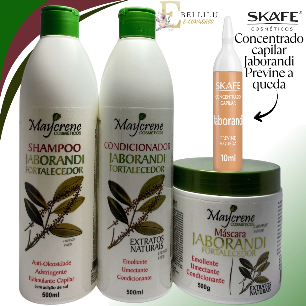 Kit de Tratamento Capilar Jaborandi ( 1 Shampoo 1 Condicionador 1 mascara 500ml) Maycrene + ampola jaborandi skafe 10ml