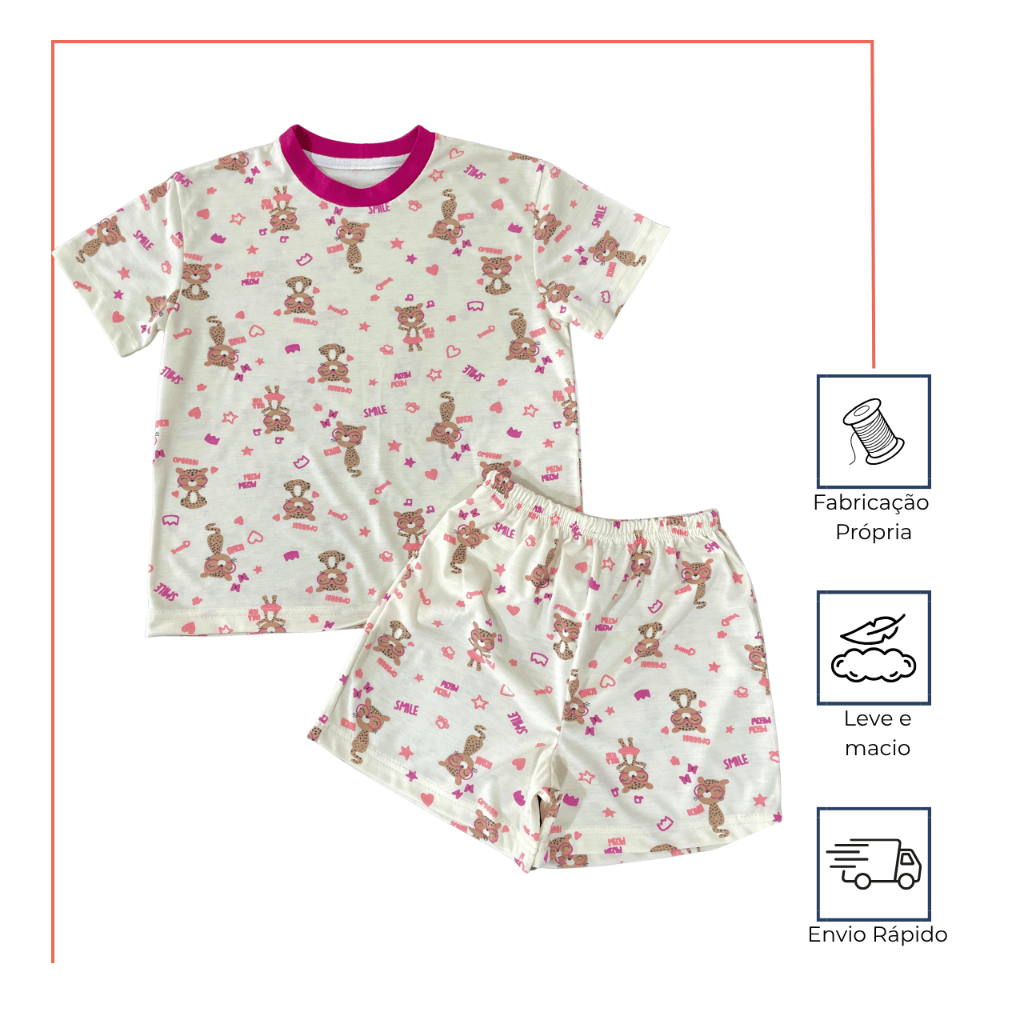 Pijama Menina Infantil Conjunto Camiseta e Bermuda Curto Verão Estampas Sortidas
