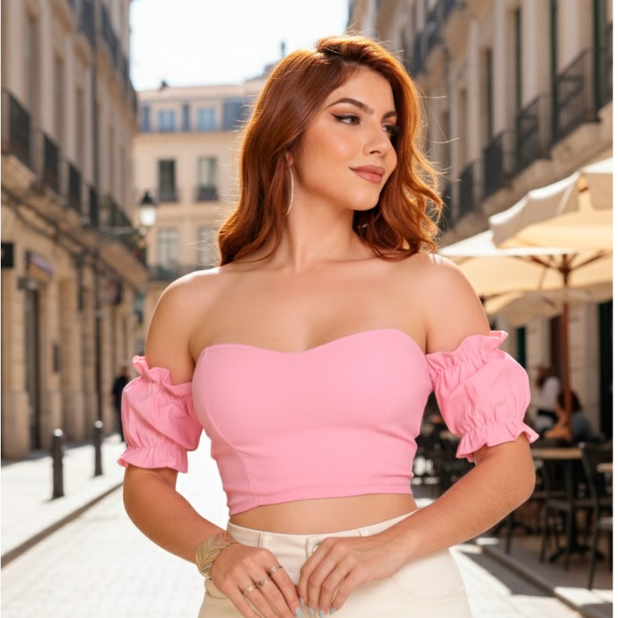 Cropped Manga Princesa Rosa Feminino Bengaline C/ Bojo, Blusa Bufante T. Único 36 ao 42, Social Elegante - COCO FEMME em Oferta na Shopee