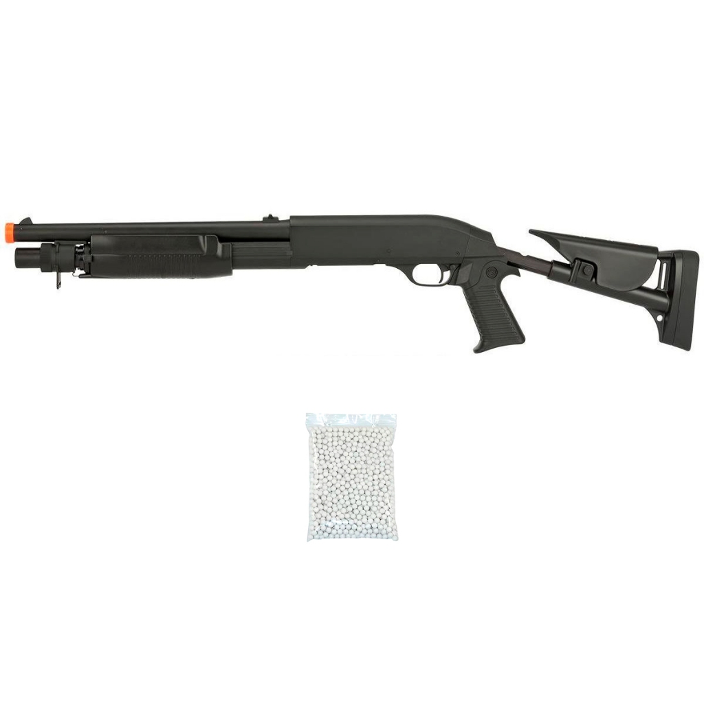 Kit Rifle Shotgun AirSoft M56C Spring 6mm Preta - Double Eagle + 2000 Esferas 0.12g em Oferta na Shopee