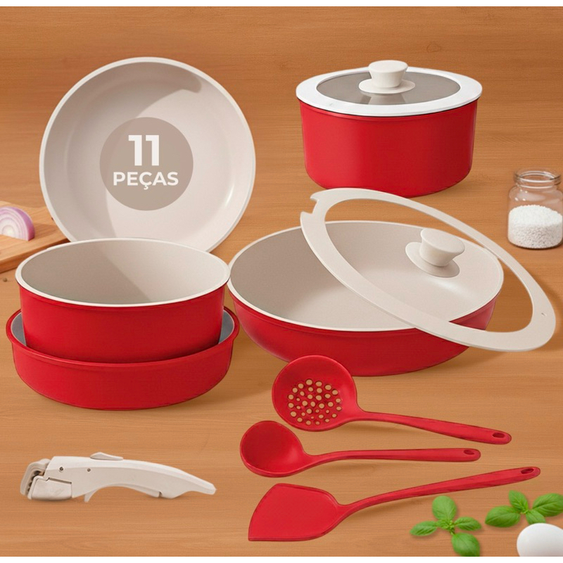 Jogo de panela 11 peças antiaderente cabos removível em Oferta na Shopee