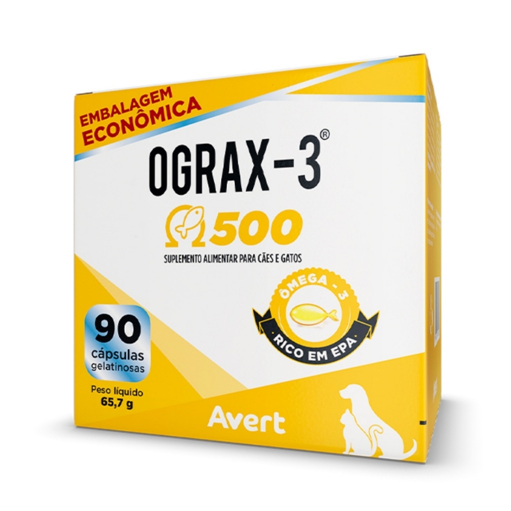 OGRAX-3® 500mg | Avert 90 Cápsulas - Suplemento Omega para Cães e Gatos