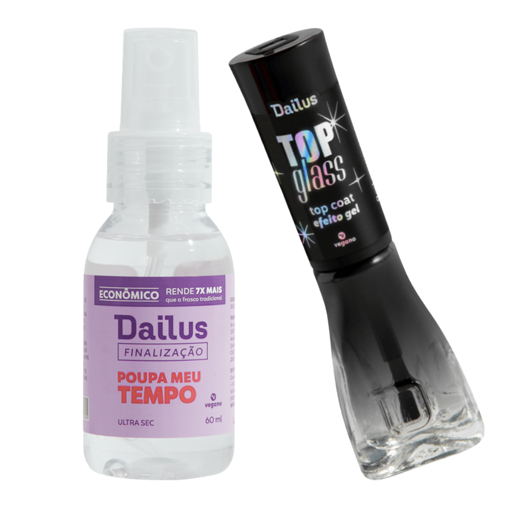 Kit TopCoat Glass Efeito Gel 8ml + Ultra Secante de Esmalte Poupa Meu Tempo 60ml - Dailus