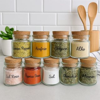 Kit Porta Temperos de Vidro Gourmet + 32 Etiquetas Temperos Potes Tampa Rolha Cozinha em Oferta na Shopee