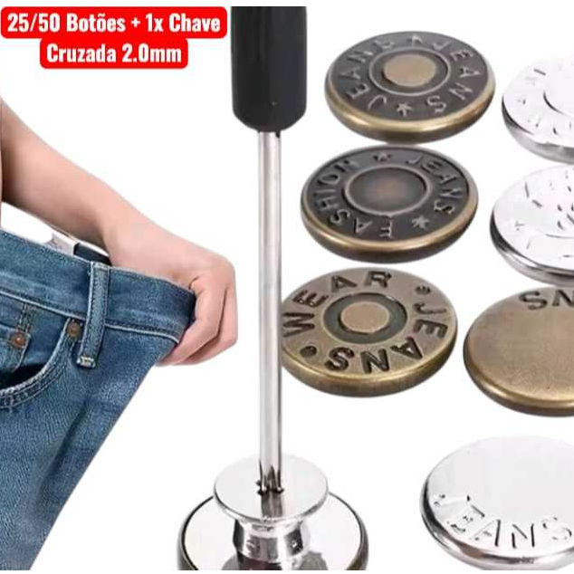 Botão de Ajuste de Calça Jeans 17mm + Chave Cruzada 2.0mm 25x/50x Botões Reforçados Fácil Instalação