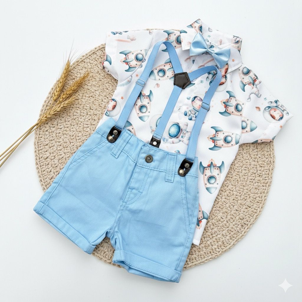 conjunto menino aniversario social modelo short brim astronauta baby azul clara em Oferta na Shopee
