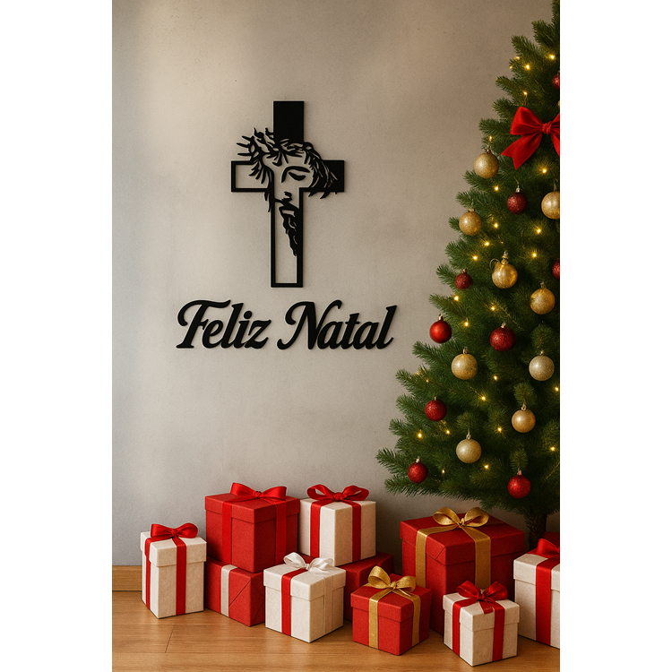 Quadro Decorativo Jesus Cruz + Frase Feliz Natal em MDF 3mm | Arte Religiosa Natalina