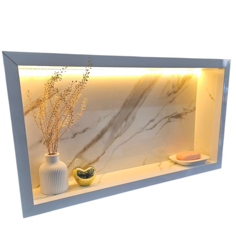 Nicho de porcelanato com LED 110V OU 220V porta shampoo prateleira banheiro.