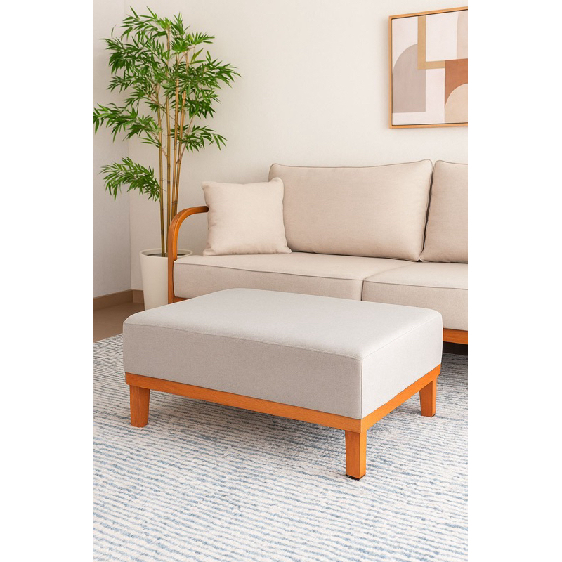 Puff Estofado de Linho com Base de Madeira – Estilo Clean, Confortável e Sofisticado | Kingdom Home em Oferta na Shopee