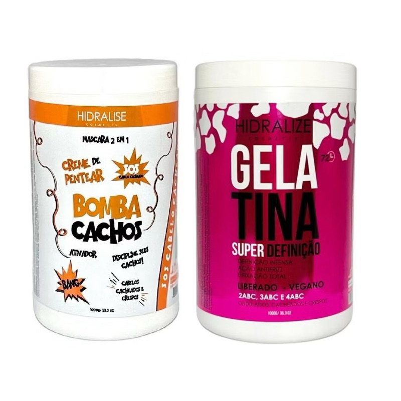 Gelatina Capilar Super Definição + Creme De Pentear Bomba Cachos Hidralize 1kg Cada.