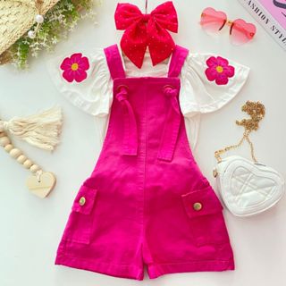 Conjunto Infantil Jardineira Jeans Short C/Blusa Flor Bordada Luxo Menina Blogueirinha Fashion Diva em Oferta na Shopee