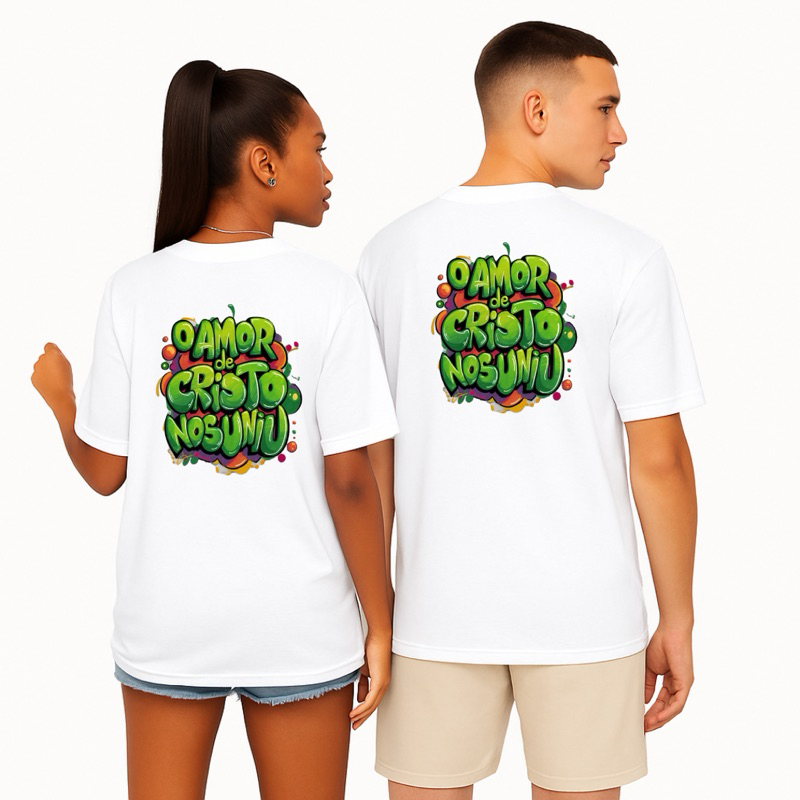 Kit 2 Camisetas O Amor de Cristo Nos Uniu Casal Camisetas de Cores Diversas Masculino e Feminina 100% Algodão Premium