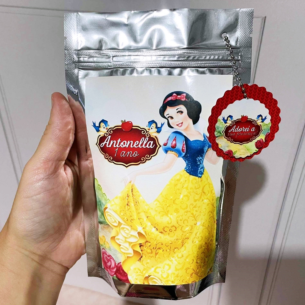 Saquinho Metalizado Hermético 12x19 com Fecho Zip | Embalagem Tema Branca de Neve | Festa Lembrancinha