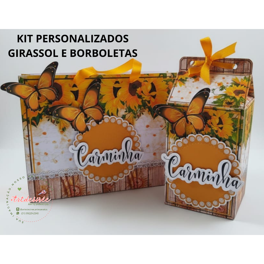 Kit 10/20/30/40 Sacolas e Caixinha Milk G Personalizada/ Tema Girassol e Borboletas/ aniversários/ decoração