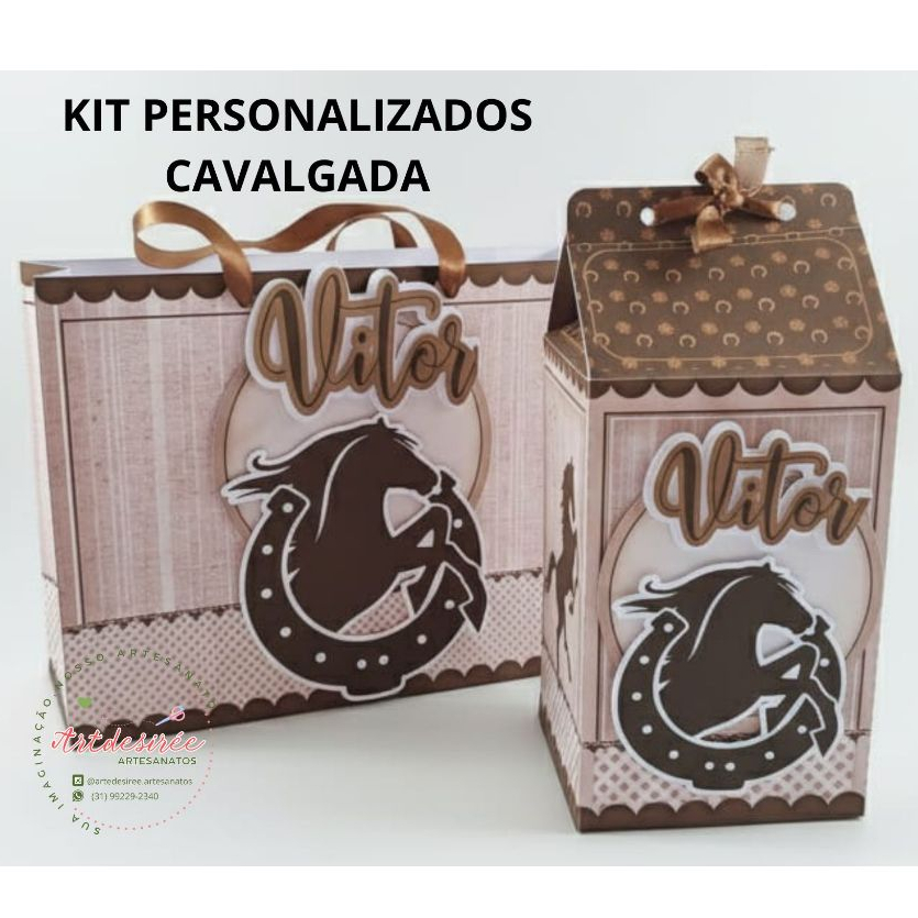 Kit 10/20/30/40 Sacolas e caixinha Milk G Personalizadas/ Tema Cavalgada/Country/ aniversários/ decoração