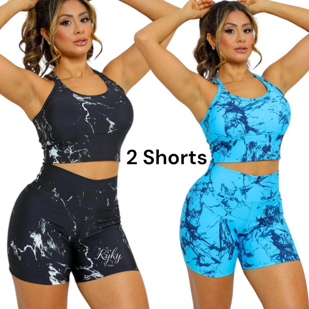 Kit 2 Shortinhos Feminino Marmorizado Verão Cintura Alta Sem Transparência Roupa Academia Fitness