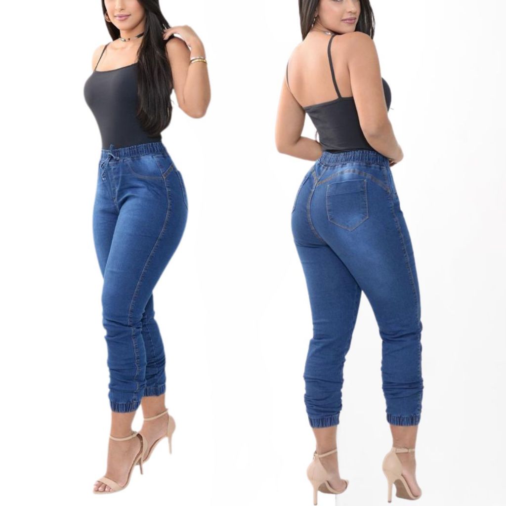 Calça jeans feminina Jogger com lycra, elastano, Cintura alta, elástico no cós e na barra, confortável e funcional, tend