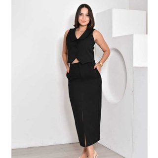 Conjunto Feminino Alfaiataria  Colete e Saia Mídi com Fenda na Frente com Ziper e Bolso Lateral- Moda Verão em Oferta na Shopee