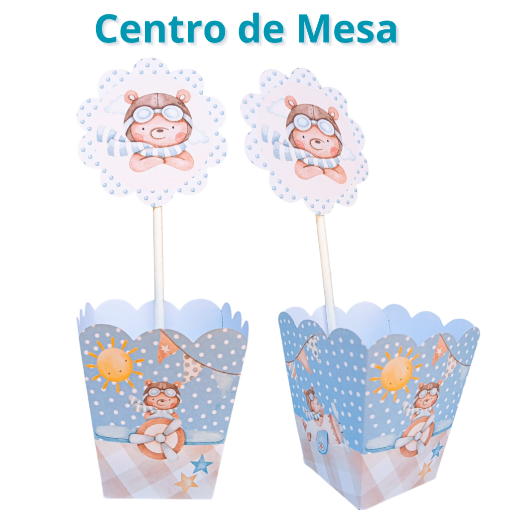 PEGUE E MONTE - Centro de Mesa Cachepô Tema URSINHO AVIADOR Aniversário Personalizado Nome + Idade