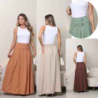 SAIA LONGA FEMININA CINTURA ALTA COM ELASTICO NAS COSTAS em Oferta na Shopee