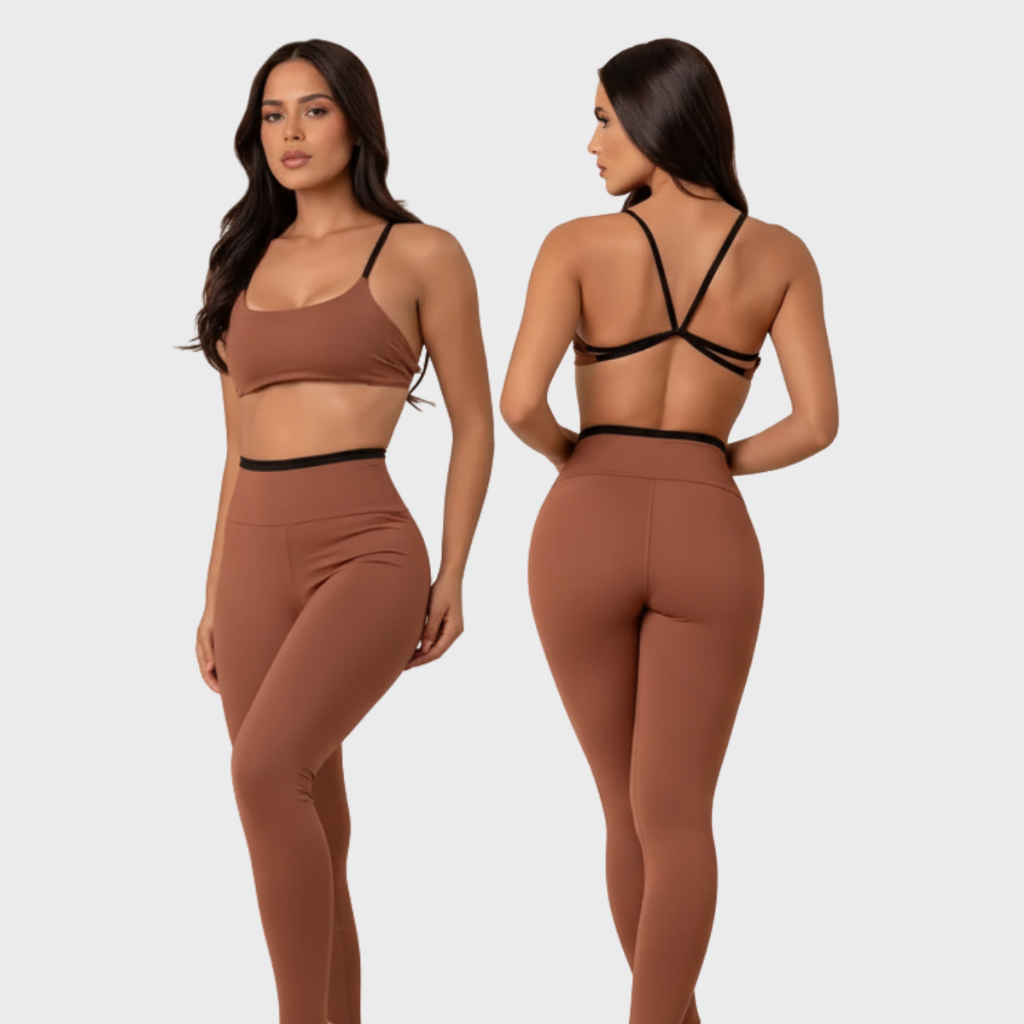Conjunto Fitness Feminino Poliamida de Top com Bojo Removível Costas Nua e Legging Zero Transparência