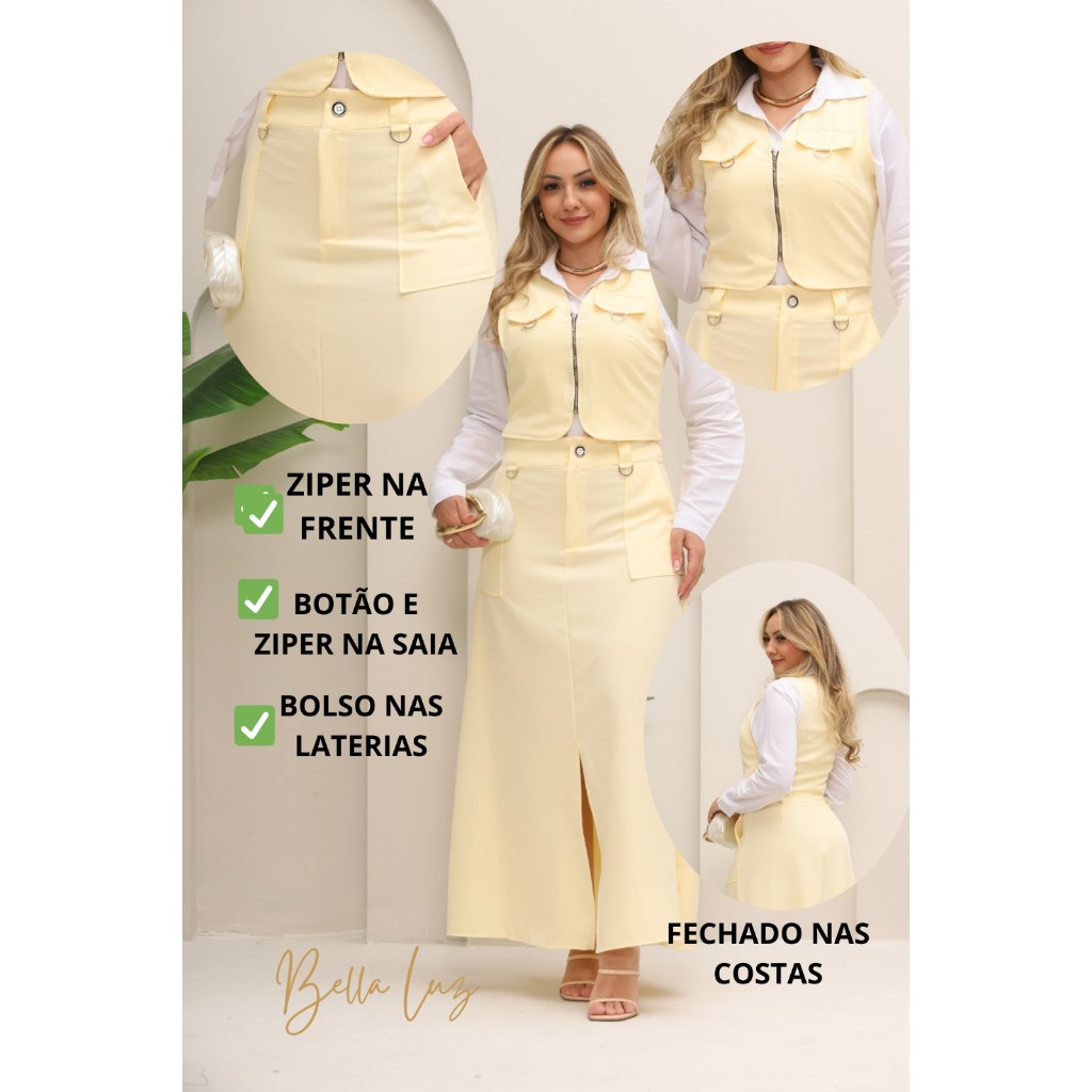 Conjunto Feminino Colete e Saia com o bolso funcional e ziper em Oferta na Shopee