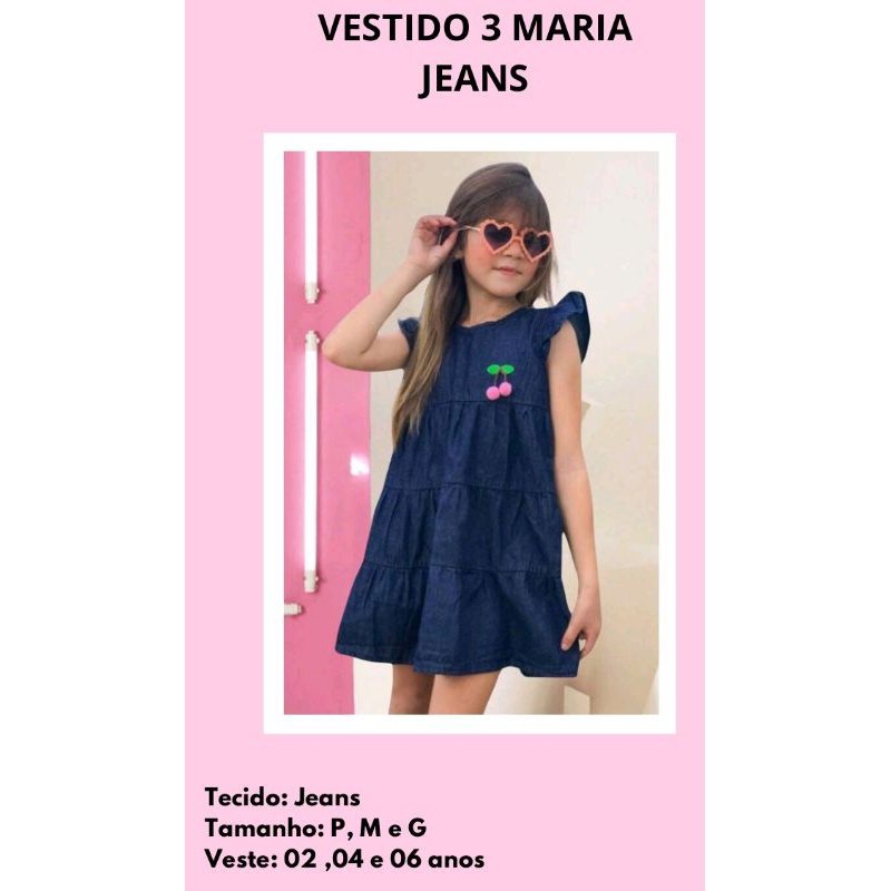 vestido jeans três Marias cereja e conjunto jeans menina cereja