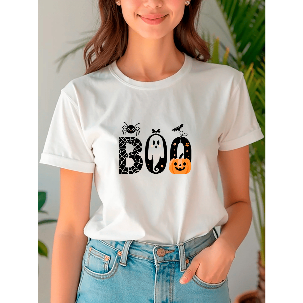 Camiseta Babylook Feminina Tshirt Boo Halloween Abobora Fantasma Aranha Morcego Teia De Aranha Várias Cores 100% Algodã