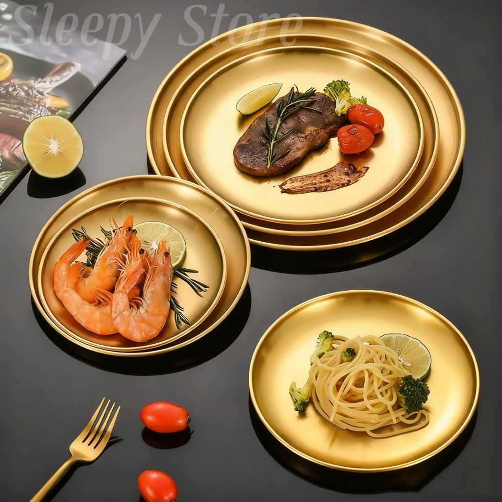 Bandeja Aço Inoxidavel Luxo Alimentos Dourado Redondo Para Churrasco Espaguete  Bife Frutas em Oferta na Shopee