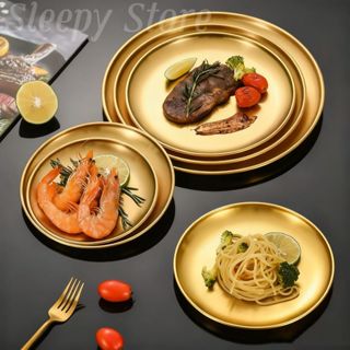 Bandeja Aço Inoxidavel Luxo Alimentos Dourado Redondo Para Churrasco Espaguete  Bife Frutas em Oferta na Shopee