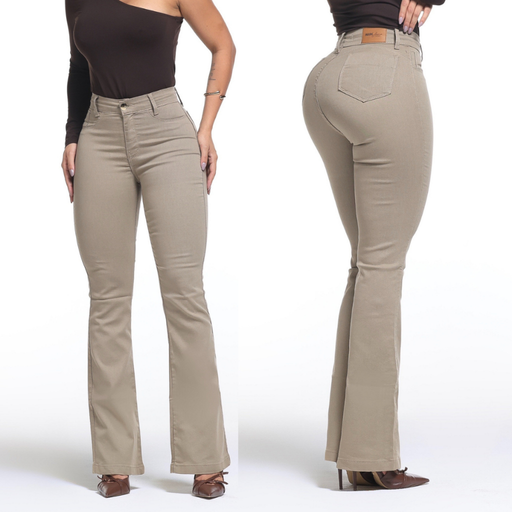 Calça Feminina Flare Pantalona Bege Jeans Premium Empina Bumbum Boca de Sino Cos Alto Com Elastano em Oferta na Shopee