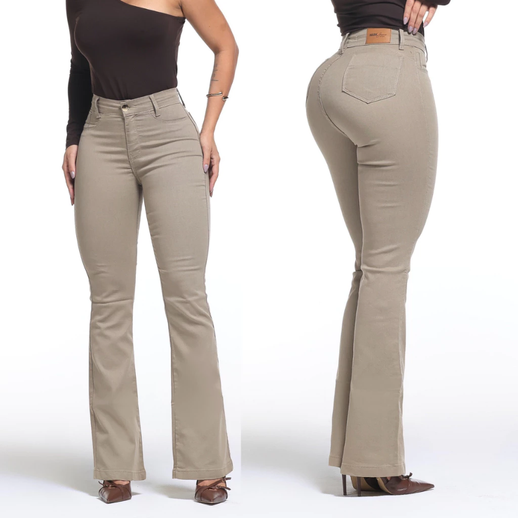 Calça Feminina Flare Pantalona Bege Jeans Premium Empina Bumbum Boca de Sino Cos Alto Com Elastano — imagem 1