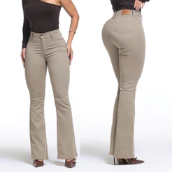Calça Feminina Flare Pantalona Bege Jeans Premium Empina Bumbum Boca de Sino Cos Alto Com Elastano